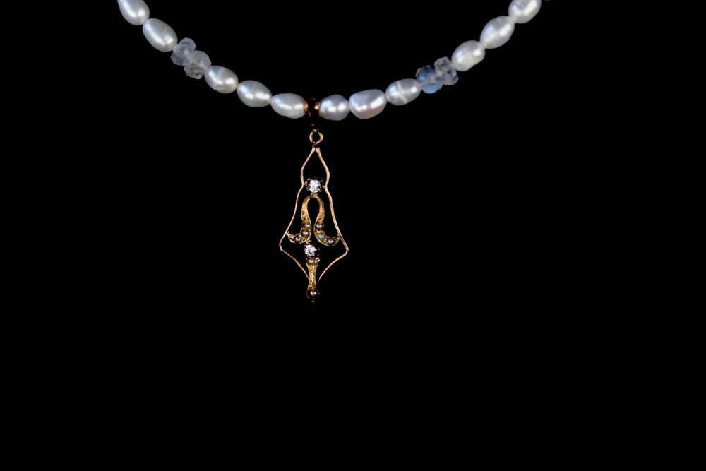 Antique Lavalier 10K Solid Yellow Gold Diamond Pendant With Perals And gems