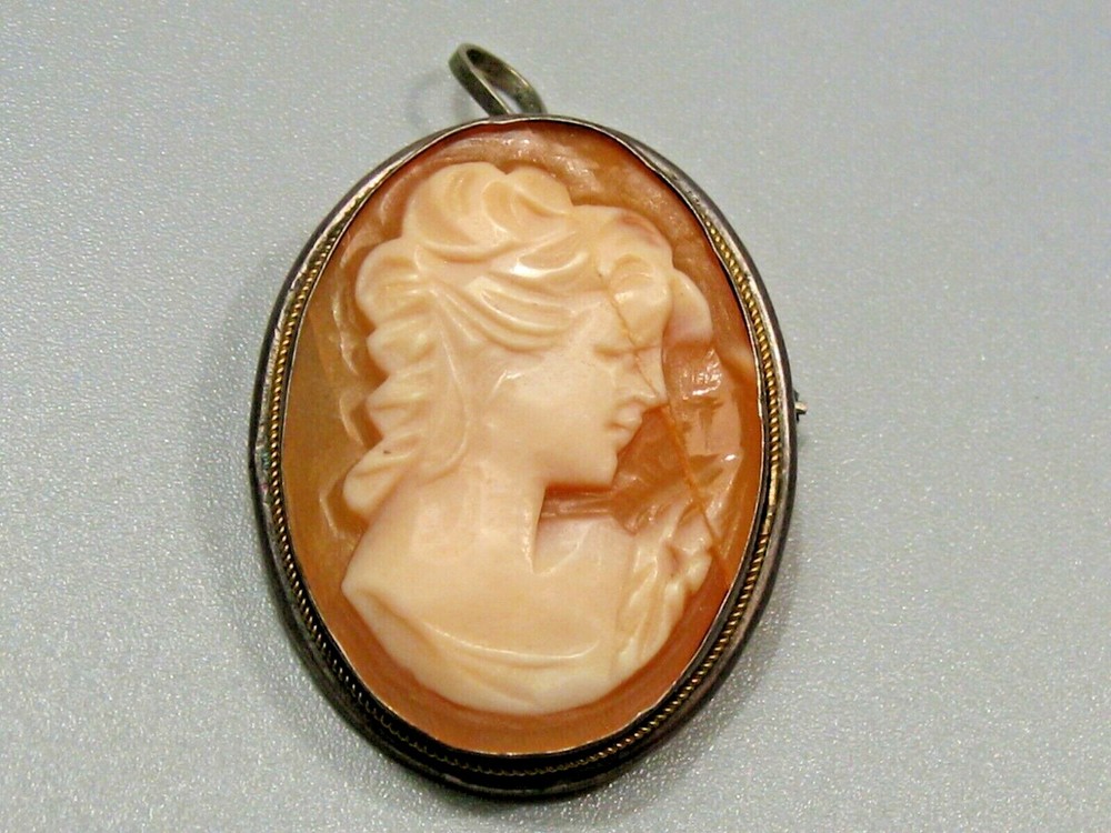 Antique 800 Silver Shell Cameo Brooch/Pendant 4.2 grams 27×21 mm. #39