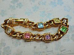 RARE VTG SIGNED S.A.L SWAROVSKI GOLDTONE MULTI COLOR CRYSTAL LINK CHAIN BRACELET