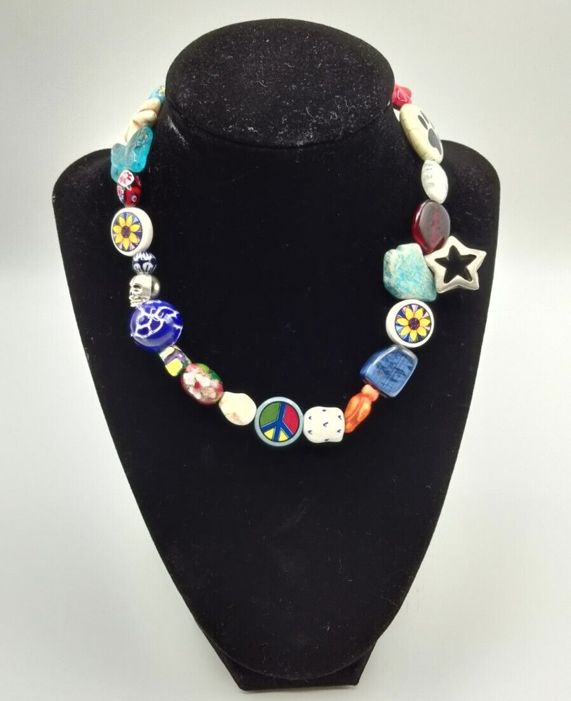 Vintage Multi Color Glass Metal Acrylic Ceramic Stars Flower Beaded Necklace 15″