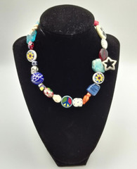 Vintage Multi Color Glass Metal Acrylic Ceramic Stars Flower Beaded Necklace 15″