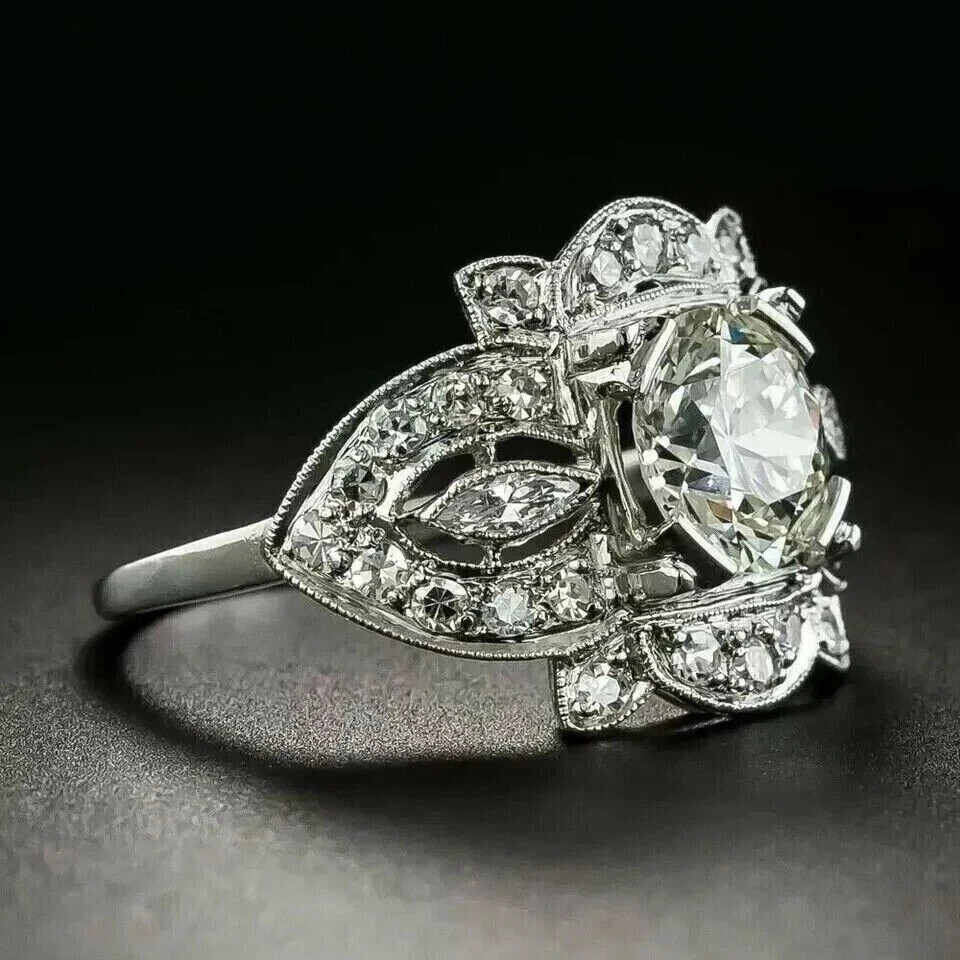 Art Deco Style Round Cut Lab Created Diamond 14k White Gold FN Engagement Ring