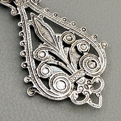 Vintage Victorian Handmade Floral Needlepoint Pendant Silver Tone Teardrop Charm