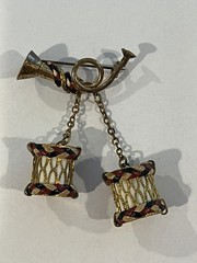 Vintage WW11 Drum & Bugle Sweetheart Pin Patriotic Red White Blue Leather Braid