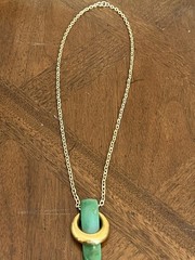 Vintage Crown Trifari Faux Jade Green Pendant Necklace Gold Tone Signed Nice!