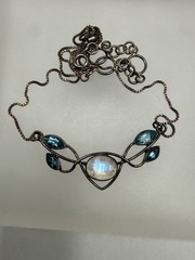 VINTAGE ESTATE STERLING SILVER MOONSTONE CABOCHON BLUE TOPAZ CHAIN NECKLACE 18″