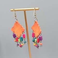 Vintage Multicolor Statement Pierced Earrings Wood Bead Hand Painted 2.5 in