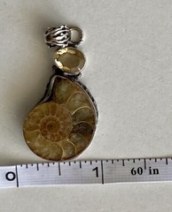 Ammonite Fossil Gemstone Bezel Set 1.75” Pendant 925 Sterling Silver 9.45g Vtg.