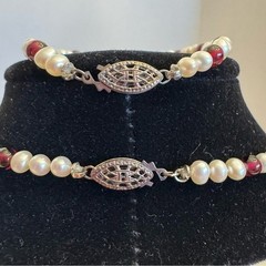 Vintage Rice Pearls & Almandine Garnet Gemstones Beaded Necklace & Bracelet Set