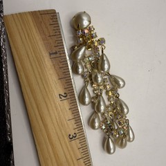 VTG Waterfall Tassel Dangle AB Rhinestone & Faux Teardrop Pearl Clip On Earrings