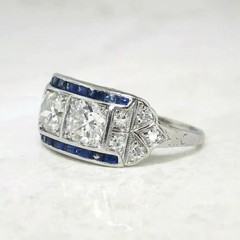Art Deco Style Lab Created Diamond & Sapphire 14K White Gold FN Engagement Ring