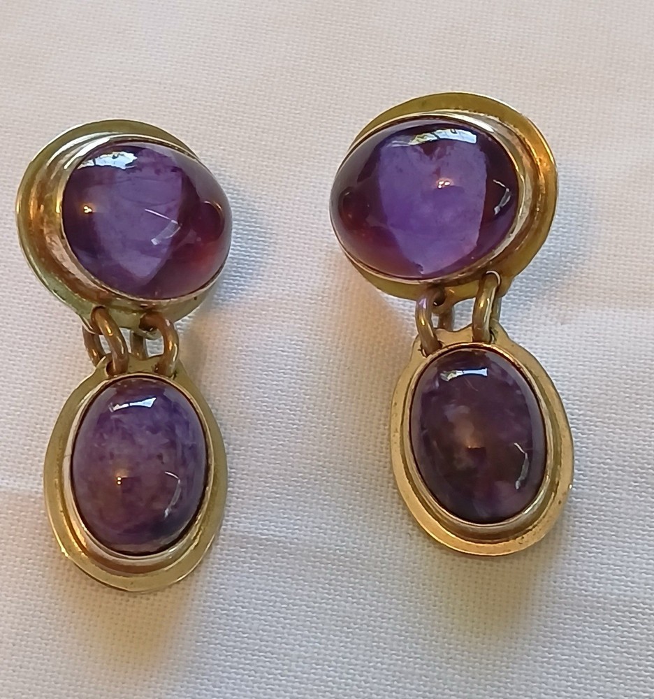 Vintage Sterling Silver Earrings Oval Amethyst Cabochons Signed Mexico SLV