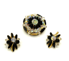 Vintage Brooch Earrings Black and AB Acrylic Beads Black Enamel
