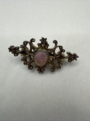 Faux Fire Opal Brooch Rustic Gold Tone Pin Rhinestone Vintage 1.5”