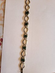 Vintage Gold Plated Green Glass Bracelet, Signed Simmons on clasp, 1940s/1950s
