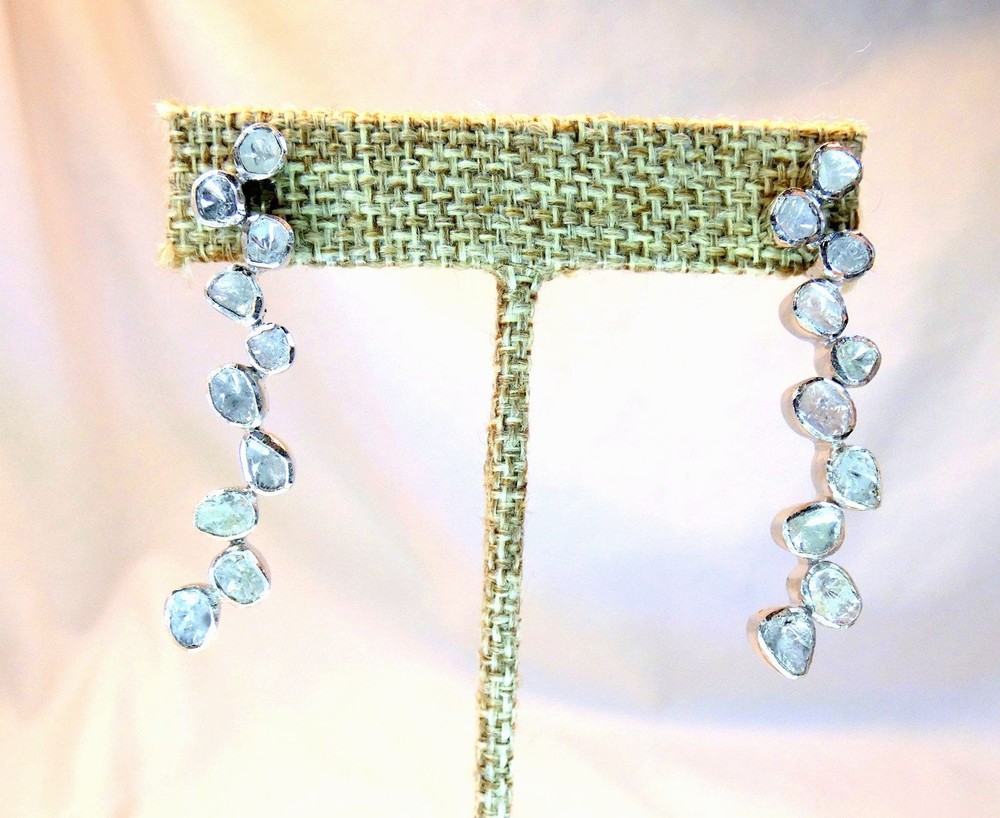 Genuine Polki Cut Diamond Sterling Silver Tennis Earrings 1.35 CT 7.9gr