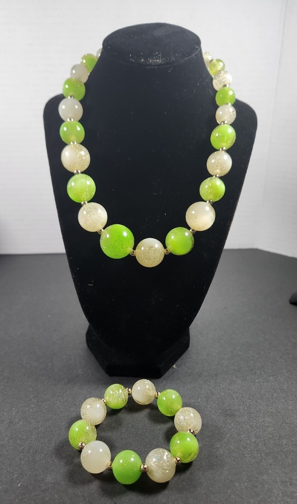 Vintage Acrylic Bead Necklace And Bracelet Lime Green White Gold Crackle Effect