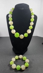 Vintage Acrylic Bead Necklace And Bracelet Lime Green White Gold Crackle Effect