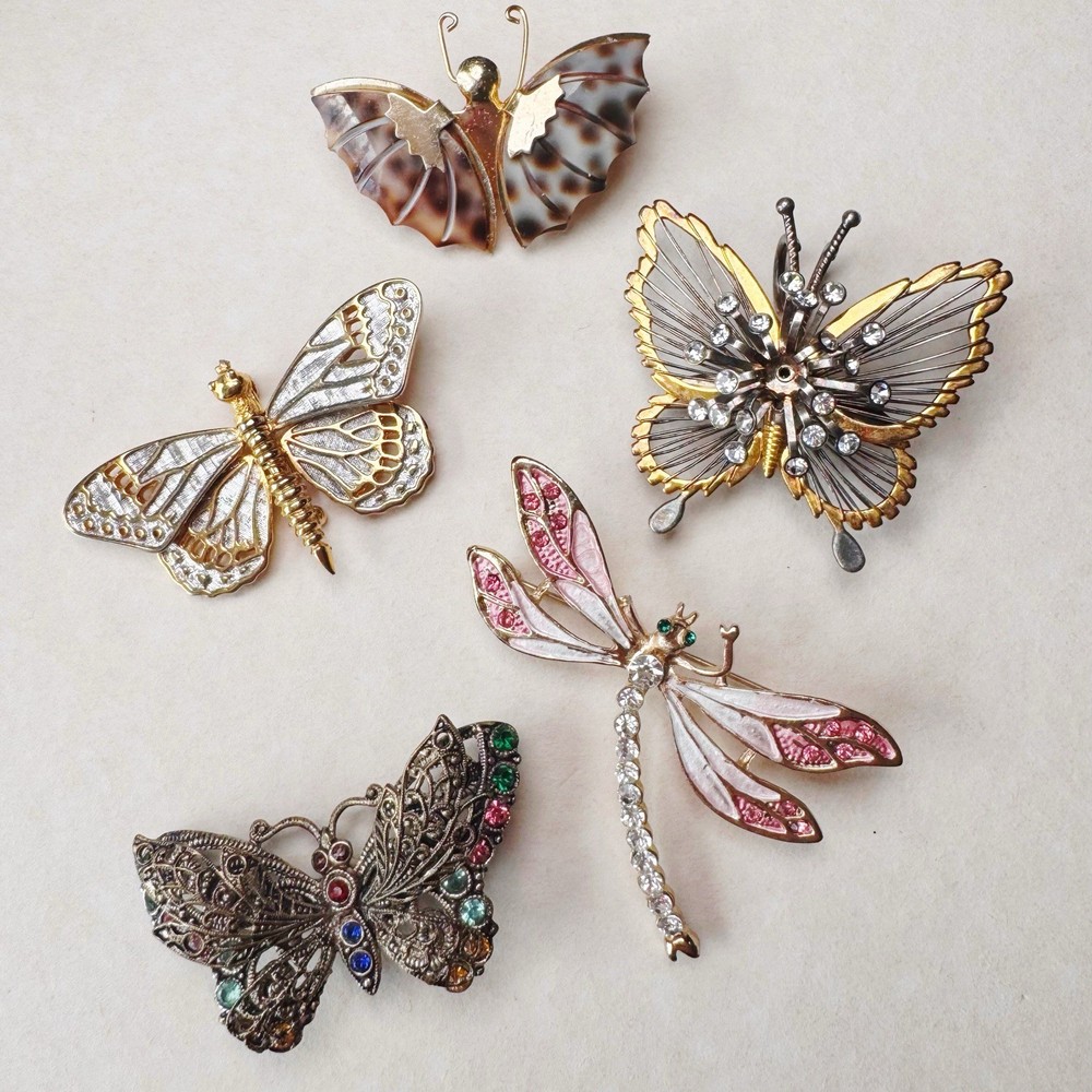 Vintage Butterfly Dragonfly Brooch Lot 5pc Enamel Rhinestone Figural Mix