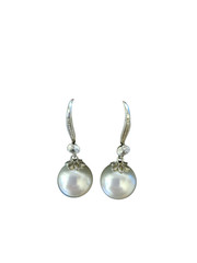 Vintage 925 Sterling Silver Faux Pearl & Crystal Dangle Eaarrings ~ 1.25″ Long