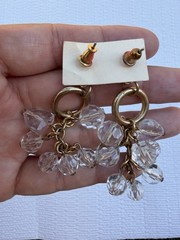 Vintage Gold Tone Bead Cluster Dangle Earrings Clear Faceted Statement Earrings