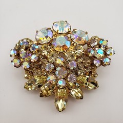 Vintage Rhinestone Brooch Aurora Borealis Yellow Marquise Gold Tone Fan Shape