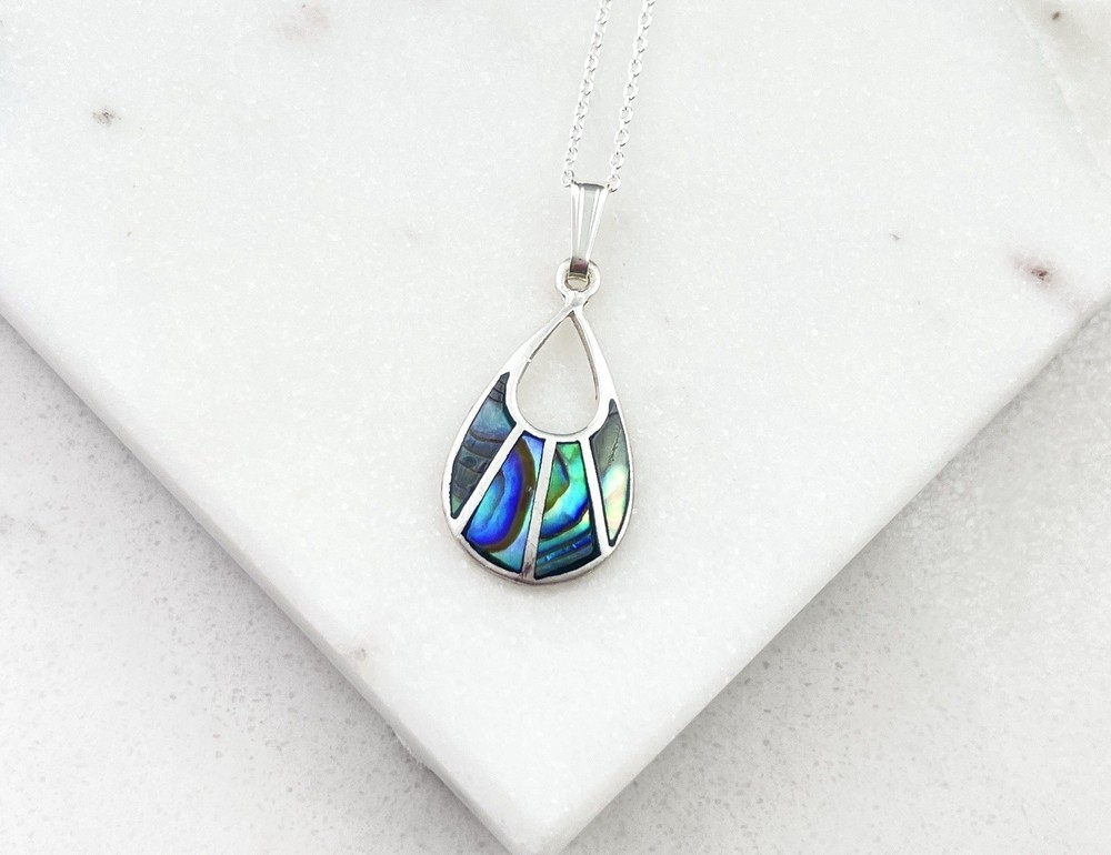 Vintage 925 Sterling Silver Abalone Teardrop Charm Pendant Necklace 18”