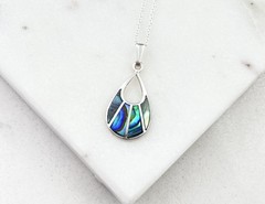Vintage 925 Sterling Silver Abalone Teardrop Charm Pendant Necklace 18”