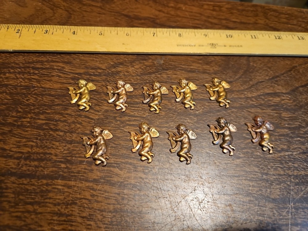 Lot Of 10 Cherub Harp Right France Vintage 60s Brass Stampings Findings Jewelry