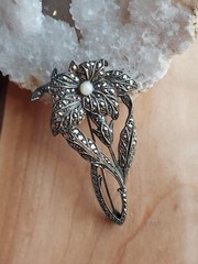 Antique Markasite Flower brooch with Akoya pearl- 800 Silver