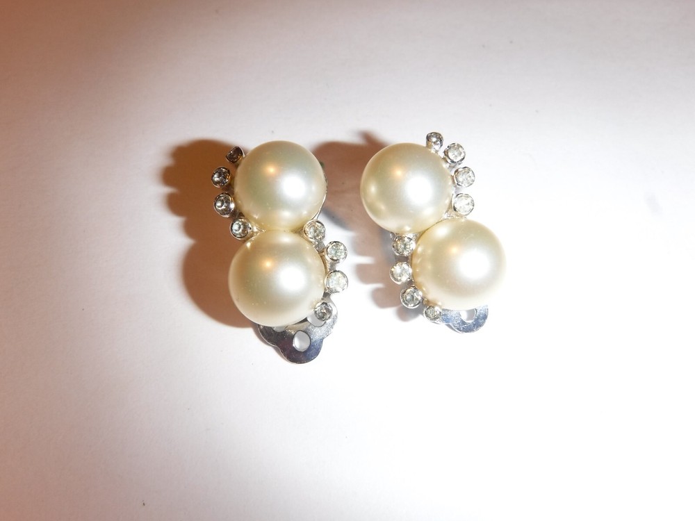 Vintage JOMAZ Earrings Double Faux Mabe Pearl Silver-tone Crystal Accents Signed
