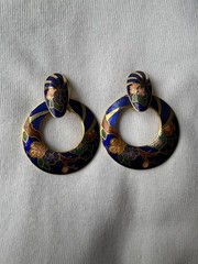 Vintage Cloisonne Enamel Floral Door Knocker Hoop Earrings Gold Tone Blue