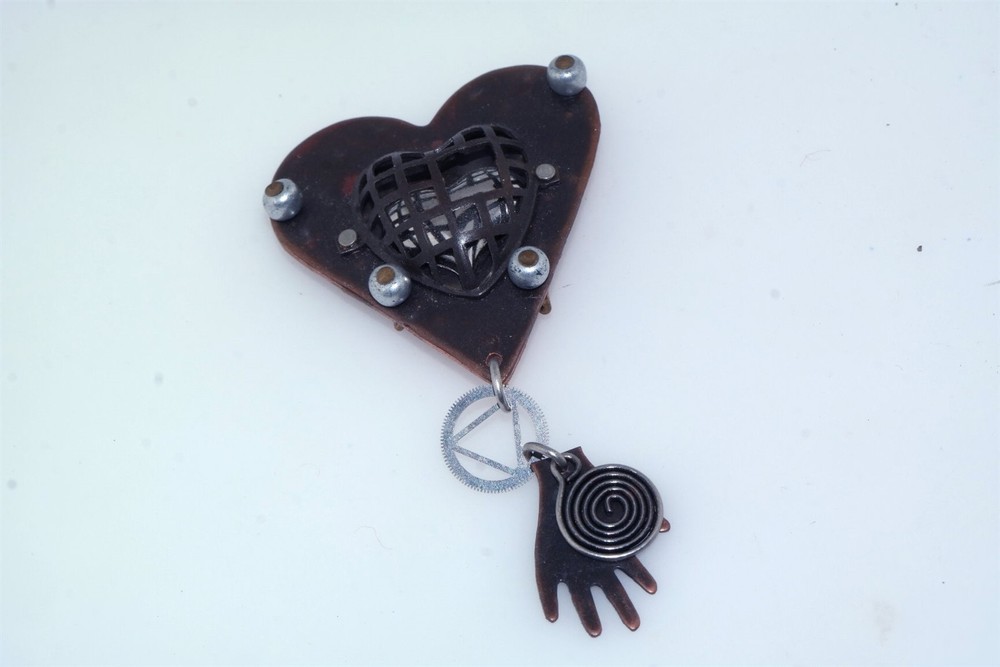 Artisan Hand Wrought Mixed Metals Heart Hand Drop Pin Brooch