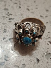 Vintage Coctail Ring Blue Cabachon Dome Dark Silver Tone Ornate Band Adjusts