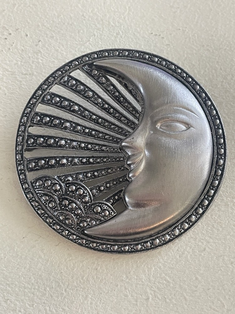Vintage Signed Tova or Tona Celestial Moon Brooch Silver Tone Faux Marcasite