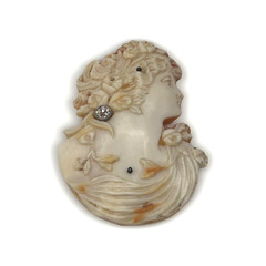 Antique Edwardian 14K Gold Diamond Cameo Brooch Frameless Lady Portrait Diamond