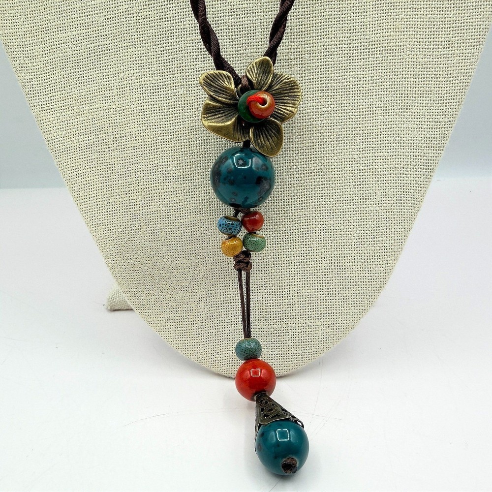 Vintage 90s Flower Pendant Necklace Glass Beads Brown Silk Cord Boho Jewelry