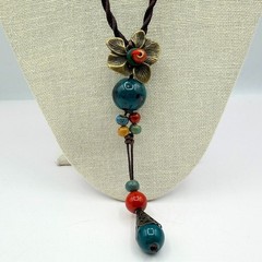 Vintage 90s Flower Pendant Necklace Glass Beads Brown Silk Cord Boho Jewelry