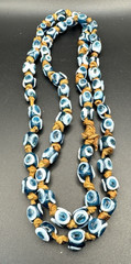 Vintage Blue & White Evil Eye Necklace Glass Lampwork Beads on Leather 32″