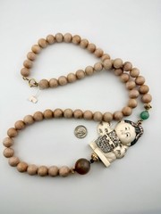 Vintage Necklace Pink Gemstone Flatback Carving Asian Figure 36” RO-DO NOS BL