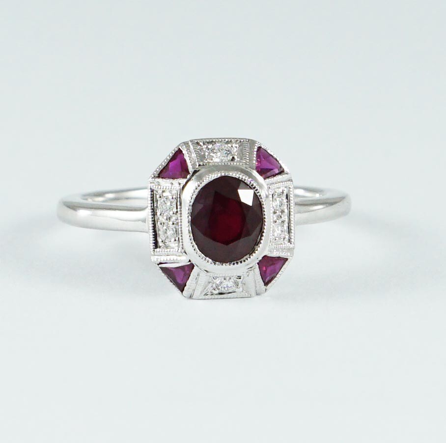 Art Deco Style Oval Ruby & Lab Created Diamond Engagement 14K White Gold FN Ring