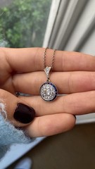 Art Deco Style Lab-Created Diamond & Sapphire Wedding 14k White Gold FN Pendant