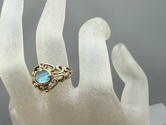 VINTAGE ESTATE GOLD PLATED OVAL CUT PASTE BLUE TOPAZ FILIGREE RING SIZE 8