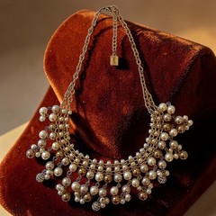 Y2K Bib Fringe Necklace Egyptian Revival Faux Pearl Gold Tone Victorian Vintage