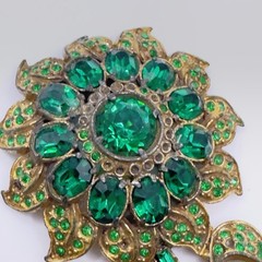 Vintage Pot Metal Dress Clip Flower Gold Tone Green Rhinestones 3″