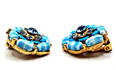 Vintage Signed Selro Selini Clip Earrings Blue Enamel Art Glass & Rhinestones