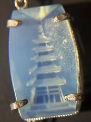 Vintage Japan Silver Pagoda Reverse Carved Opaline Glass Necklace