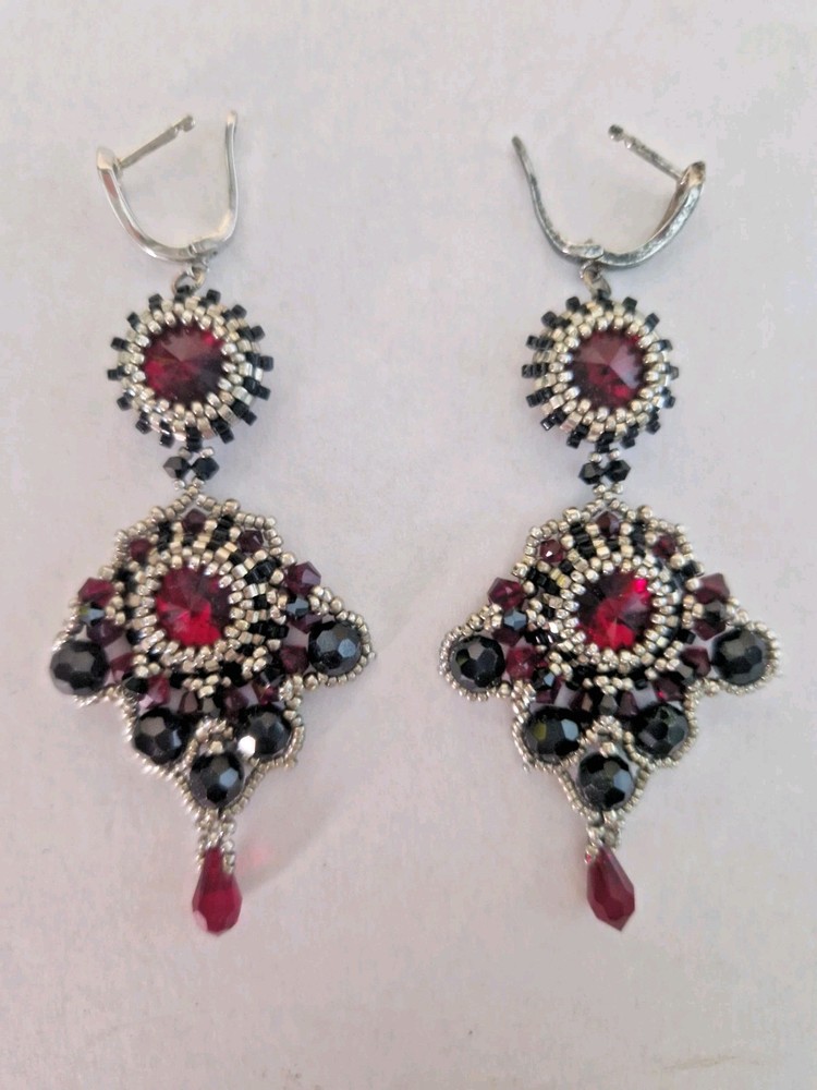 Handmade Beaded Drop Earrings Red Black Crystals Vintage Chandelier Dangle