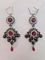 Handmade Beaded Drop Earrings Red Black Crystals Vintage Chandelier Dangle