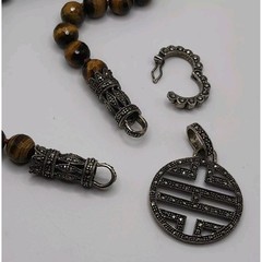 Tigers Eye Marcasite Convertible Bead Necklace Vintage Asian Inspired Charm Boho